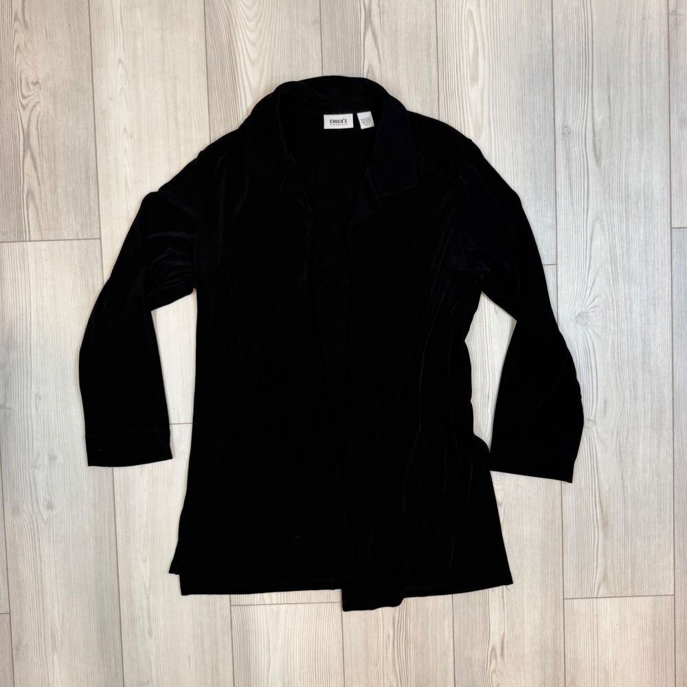 Chicos Travelers Black Open Front Cardigan Jacket Notched Collar Size 2 Large